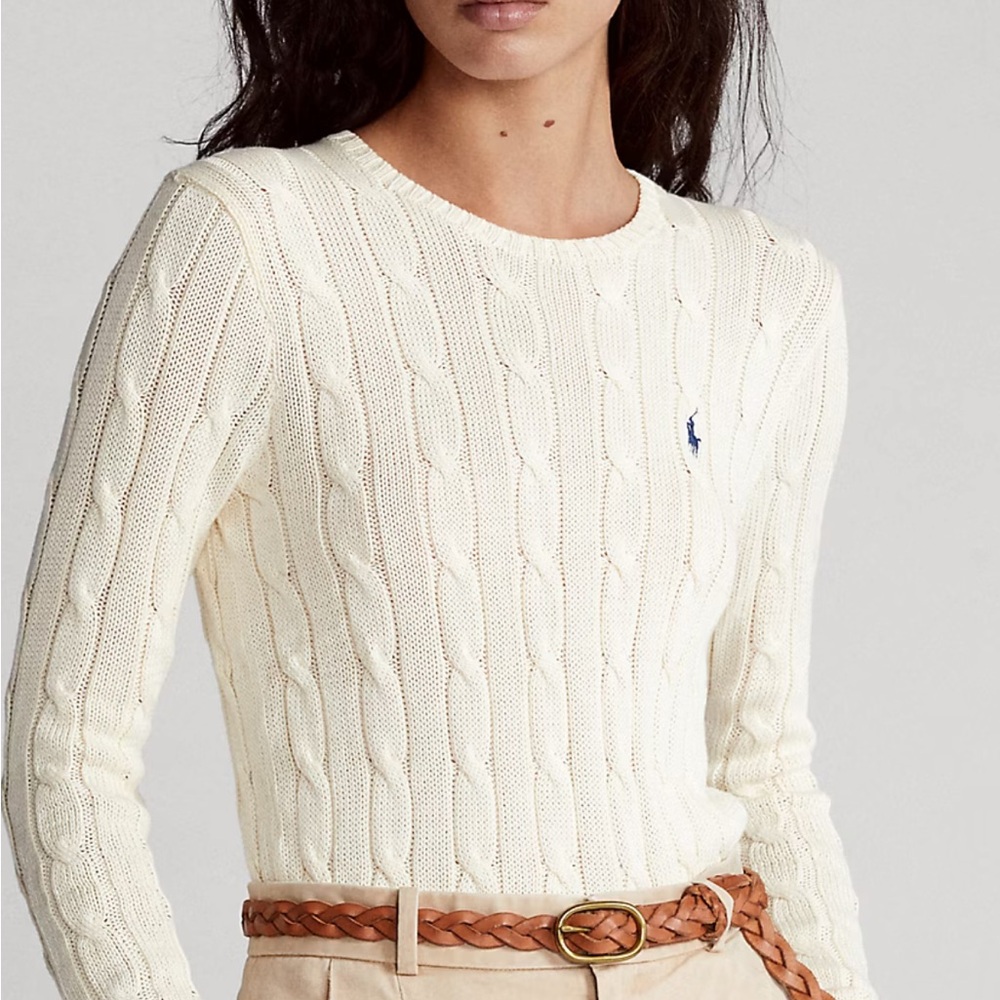 Polo Ralph Lauren Cable Knit Cotton Crewneck Sweater in Cream Size Medium